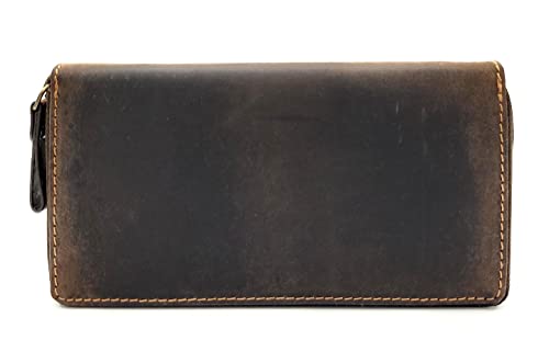 große echt Büffel Voll-Leder Damen Reißverschluss Geldbörse lang rustikales Hunterleder Vintage (Dunkelbraun) von Lemasi