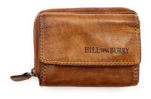 Kompakte Geldbörse aus echtem Leder für Damen & Herren – kleines Portemonnaie mit RFID-Schutz, 2 Geldscheinfächer, Reißverschluss-Münzfach, echtes Leder (Waschleder Cognac) von Lemasi