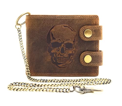 Lemasi Biker Geldbörse mit Kette RFID Schutz Hunterleder Portemonnaie Skull Totenkopf Skull Schädel (braun quer Außenriegel) von Lemasi
