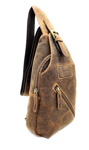 Lemasi Crossbag Slingbag aus echtem Hunterleder – Umhängetasche Vintage für Herren & Damen – Ein-Schulter-Tasche mit Reißverschlussfächern, Schlüsselfinder, verstellbarer Gurt, Braun von Lemasi