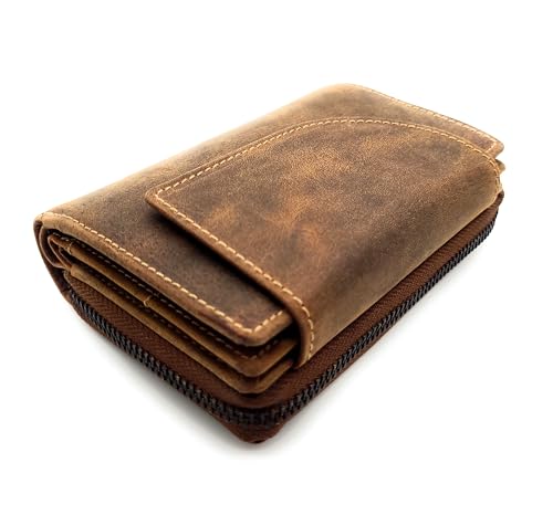 Lemasi Damen Geldbörse aus echtem Hunterleder Braun – RFID Schutz, Außenriegel mit Druckknopf, Münzfach mit Reißverschluss, 14 Kartenfächer, 5 Steckfächer, 2 Sichtfächer, 2 Scheinfächer von Lemasi