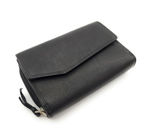 Lemasi Geldbörse aus Rindleder im Triangel-Design mit RFID-Schutz, Überschlag mit Druckknopf, 9 Kartenfächern, Sichtfächern, Münzfach mit Reißverschluss, Doppelnaht (schwarz) von Lemasi