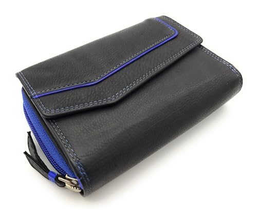 Lemasi Geldbörse aus Rindleder im Triangel-Design mit RFID-Schutz, Überschlag mit Druckknopf, 9 Kartenfächern, Sichtfächern, Münzfach mit Reißverschluss, Doppelnaht (schwarz Royalblau) von Lemasi