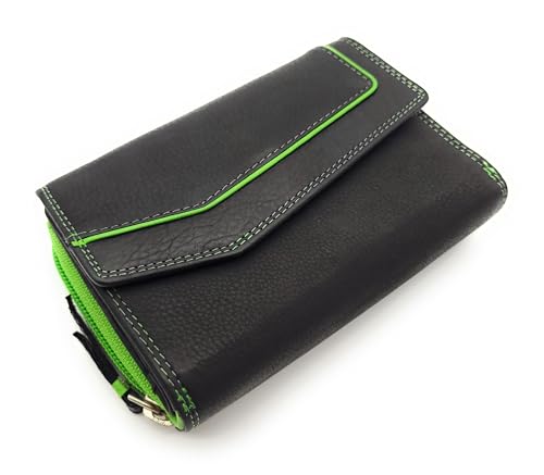 Lemasi Geldbörse aus Rindleder im Triangel-Design mit RFID-Schutz, Überschlag mit Druckknopf, 9 Kartenfächern, Sichtfächern, Münzfach mit Reißverschluss, Doppelnaht (schwarz grün) von Lemasi
