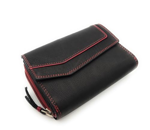 Lemasi Geldbörse aus Rindleder im Triangel-Design mit RFID-Schutz, Überschlag mit Druckknopf, 9 Kartenfächern, Sichtfächern, Münzfach mit Reißverschluss, Doppelnaht (schwarz rot) von Lemasi