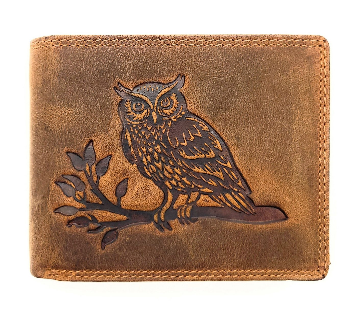 Lemasi Geldbörse echt Leder Portemonnaie mit geprägter Eule, Hunterleder, 16 Fächer, mit RFID Blocker, Innenriegel mit Druckknopf von Lemasi