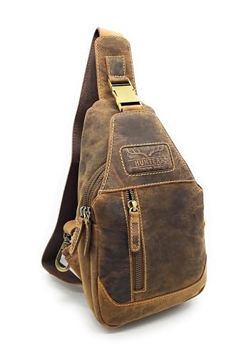 Lemasi Hunters Slingbag Hunterleder – Schultertasche Crossbag mit Clickverschluss, 2 Hauptfächern, Rücken tragbar, Kopfhöreröffnung, Braun, 17x28x7 cm von Lemasi