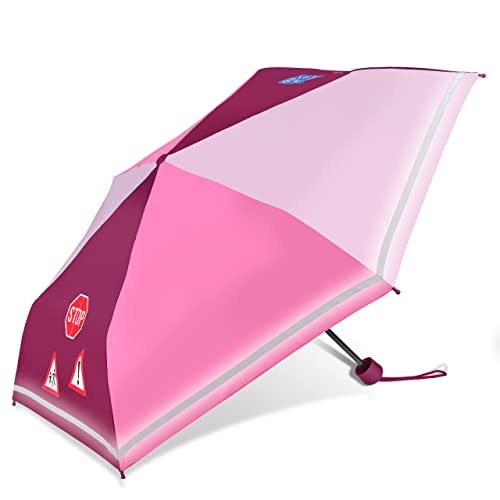 Lemasi Kinder Regenschirm Taschenschirm Schultaschenschirm mit Reflektorstreifen extra leicht, kompakt, stabil, reflektierend (Pink) von Lemasi