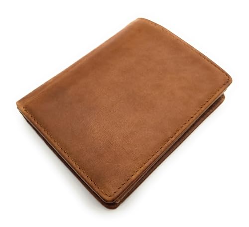 Lemasi Klassische echt Leder Hochformat Geldbörse Portemonnaie mit RFID Schutz, gewachstes Rindleder (Cognac) von Lemasi