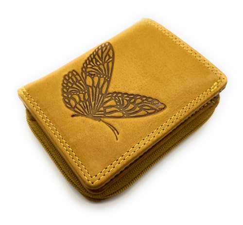 Lemasi Kleine RFID Schutz Geldbörse Damen aus Echtleder mit Schmetterlingsprägung – Mini Portemonnaie mit Reißverschluss, 5 Kartenfächern, Chipfach & Scheinfach – kompakt & sicher (Curry Gelb) von Lemasi