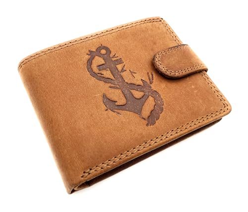 Lemasi Maritime echt Leder Geldbörse Portemonnaie Geldbeutel Motivbörse mit RFID Schutz, geprägter Anker. (Anker Außenriegel Cognac) von Lemasi