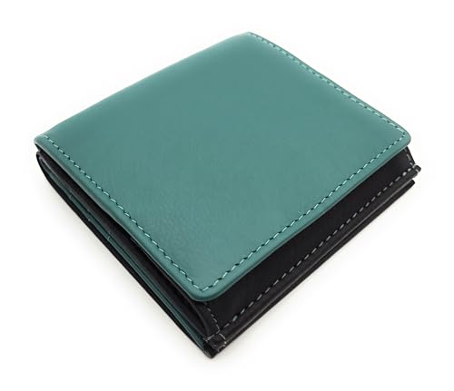 Lemasi Unisex Geldbörse Echtleder mit RFID Schutz | Wiener Schachtel Münzfach | weiches Softrindleder | Handarbeit | Portemonnaie kompakt 100x95x25mm | Fach für Einkaufswagenchip (schwarz Petrol) von Lemasi