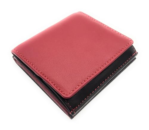 Lemasi Unisex Geldbörse Echtleder mit RFID Schutz | Wiener Schachtel Münzfach | weiches Softrindleder | Handarbeit | Portemonnaie kompakt 100x95x25mm | Fach für Einkaufswagenchip (schwarz rot) von Lemasi