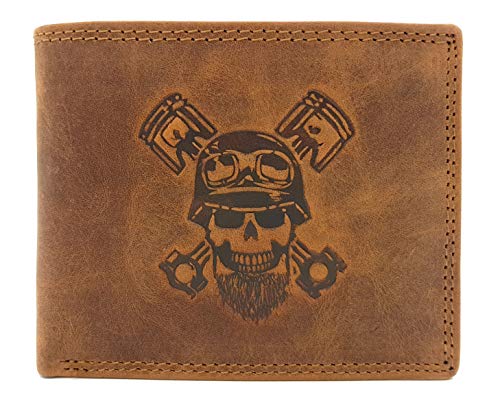 Lemasi echt Büffel Voll-Leder Biker Geldbörse Portemonnaie Totenkopf Skull Schädel mit RFID Schutz braun von Lemasi