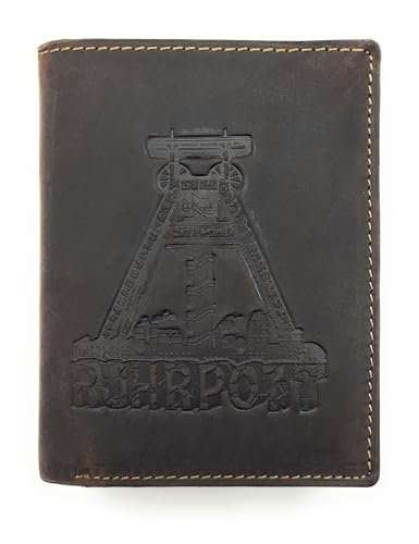 Lemasi echt Büffel Voll-Leder Geldbörse für Männer, naturbelassenes Hunterleder Portemonnaie Ruhrpott Ruhrgebiet Förderturm mit RFID NFC Schutz (Hochformat braun) von Lemasi