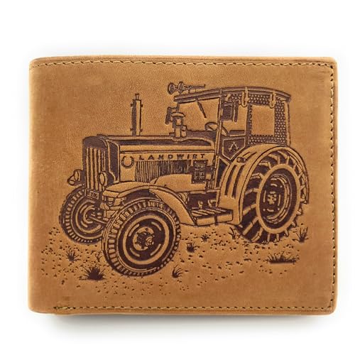 Lemasi echt Büffel Voll-Leder Geldbörse für Männer, naturbelassenes Hunterleder Portemonnaie Traktor mit RFID NFC Schutz (Landwirt braun quer) von Lemasi