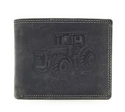 Lemasi echt Büffel Voll-Leder Geldbörse für Männer, naturbelassenes Hunterleder Portemonnaie Traktor mit RFID NFC Schutz (Schwarz) von Lemasi