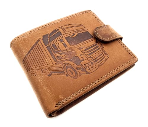 Lemasi echt Leder Geldbörse Portemonnaie Geldbeutel Motivbörse mit RFID Schutz, Anker, Truck, Pferd etc. (EU Truck Außenriegel Cognac) von Lemasi
