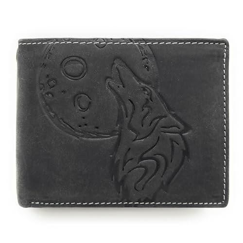 Lemasi echt Leder Geldbörse Portemonnaie Heulender Wolf Mond mit RFID Schutz (Wolf schwarz quer) von Lemasi