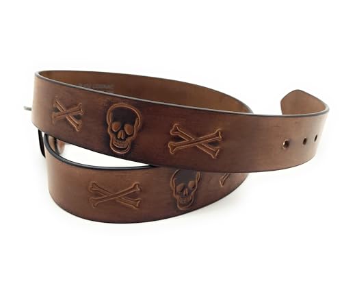 Lemasi echt Leder Herren Damen Gürtel Ledergürtel Büffelleder geprägte Totenköpfe Totenkopf Knochen braun (90cm) von Lemasi