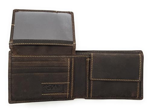 Lemasi kleine Geldbörse Damen & Herren aus Hunterleder rustikal, RFID Schutz, kompakt, 6 Kartenfächer, Sichtfach, Münzfach mit Chipfach, 2 Scheinfächer, Serie Toro (Dunkelbraun) von Lemasi