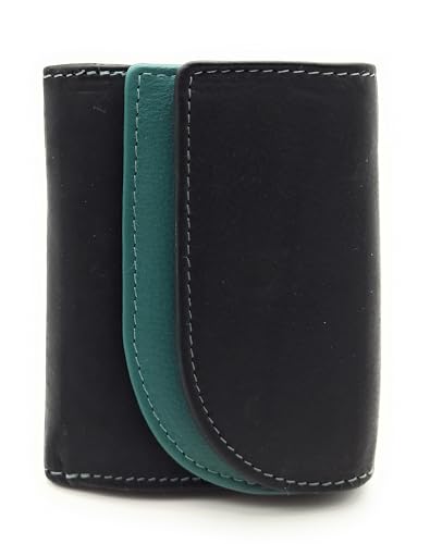 Lemasi kleine echt Leder Geldbörse Portemonnaie Wickelbörse, Bicolor, mit Farbiger Kontrastnaht, mit RFID Schutz (schwarz Petrol) von Lemasi