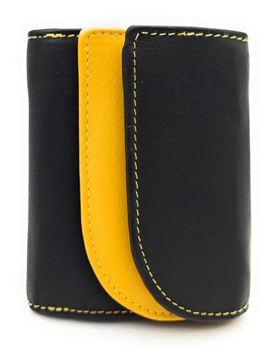 Lemasi kleine echt Leder Geldbörse Portemonnaie Wickelbörse, Bicolor, mit Farbiger Kontrastnaht, mit RFID Schutz (schwarz gelb) von Lemasi