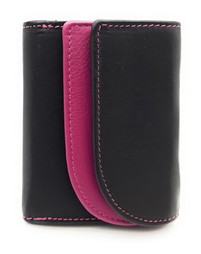 Lemasi kleine echt Leder Geldbörse Portemonnaie Wickelbörse, Bicolor, mit Farbiger Kontrastnaht, mit RFID Schutz (schwarz pink) von Lemasi