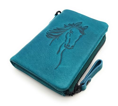 Lemasi kleine echt Leder Geldbörse Portemonnaie mit RFID Schutz Pferd süßes Pferdemotiv, gewachstes Rindleder (türkis) von Lemasi
