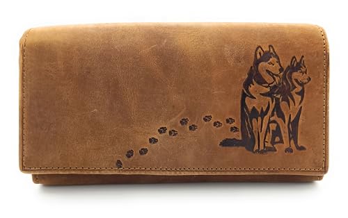 echt Leder Damen Geldbörse Portemonnaie Huskies Husky Hunde mit RFID NFC Schutz (Husky Cognac lang) von Lemasi