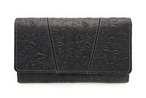 echt Leder Damen Geldbörse Portemonnaie floral geprägt mit RFID/NFC Schutz (Schwarz) von Lemasi