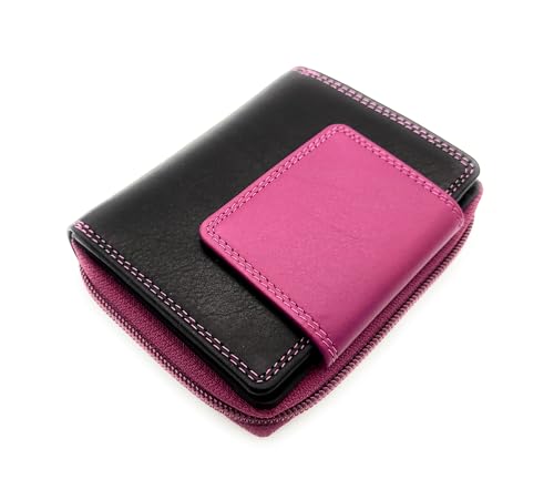 echt Leder Damen Geldbörse Portemonnaie mit RFID Schutz, Bicolor, Reißverschlussmünzfach (Schwarz Pink) von Lemasi