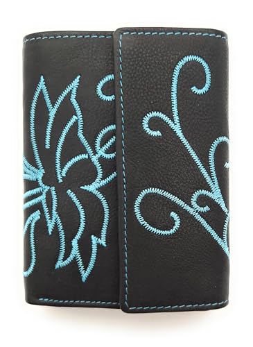 echt Leder Damen Geldbörse umfangreich ausgestattet viele Fächer mit Stickerei Schmetterling + RFID Schutz (Blau) von Lemasi