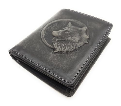echt Leder Mini Geldbörse Portemonnaie 3D Adler oder Wolf mit RFID Schutz (grau Wolf) von Lemasi