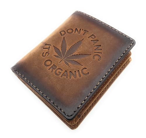 echt Leder Mini Geldbörse Portemonnaie mit RFID Schutz geprägtes Cannabisblatt (braun) von Lemasi