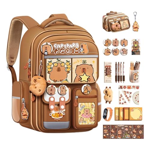 Lembeauty Capybara Rucksack, Capybara Schultasche, Großvolumiger Cartoon-Schulranzen mit Capybara-Puppe und Schreibwaren, Neues Semester-Geschenkset für Jungens und Mädchen von Lembeauty