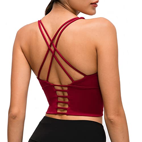 Lemedy Damen Gepolsterter Sport-BH Longline Workout Yoga Tank Top mit integriertem Regal-BH, Dunkelrot, Medium von Lemedy