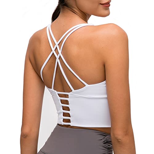 Lemedy Damen Gepolsterter Sport-BH Longline Workout Yoga Tank Top mit integriertem Regal-BH, Weiss/opulenter Garten, Medium von Lemedy