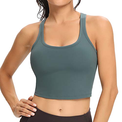 Lemedy Damen Racerback Sport-BH Abnehmbar Gepolstert Workout Yoga Crop Tank Top, Grau / Grün, Medium von Lemedy