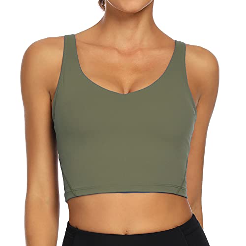 Lemedy Damen Sport-BH, lang, bauchfrei, Tanktop, gepolstert, Workout, Laufen, Yoga, olivgrün, M von Lemedy