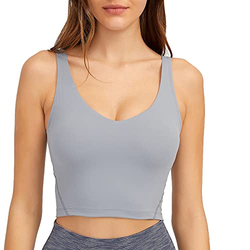 Lemedy Damen-Sport-BH, lang, bauchfreies Tanktop, gepolstert, für Workout, Laufen, Yoga, GRAU, small von Lemedy