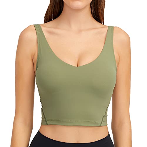 Lemedy Damen-Sport-BH, lang, bauchfreies Tanktop, gepolstert, für Workout, Laufen, Yoga, Olivgrün, hell, small von Lemedy