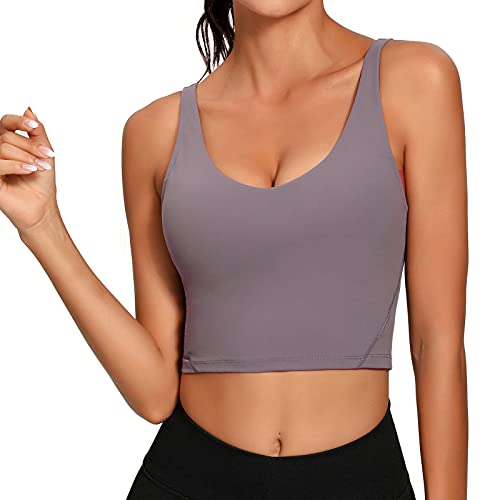 Lemedy Damen Sport-Bustier, langes, bauchfreies Tank-Top, gepolstert, Workout, Laufen, Yoga - Grau - Medium von Lemedy