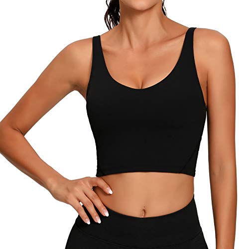 Lemedy Damen Sport-Bustier, langes, bauchfreies Tank-Top, gepolstert, Workout, Laufen, Yoga - Schwarz ,8 von Lemedy