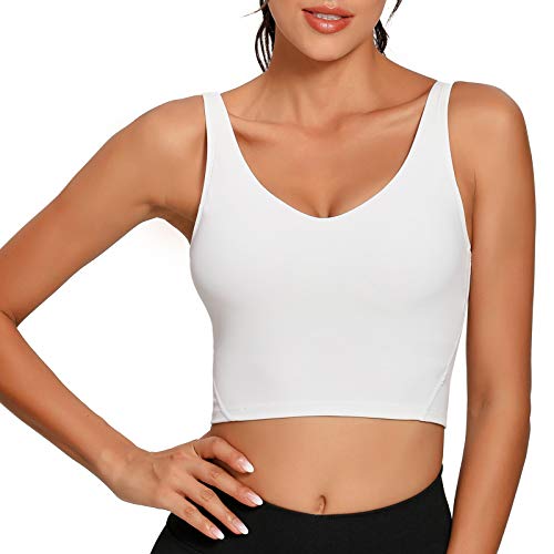 Lemedy Damen Sport-Bustier, langes, bauchfreies Tank-Top, gepolstert, Workout, Laufen, Yoga - Weiß - Large von Lemedy