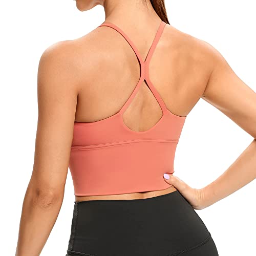 Lemedy Damen-Sport-BHs, lange Träger, gepolstert, für Workout, Yoga, Laufen, bauchfreies Tanktop, korallenrot, Medium von Lemedy