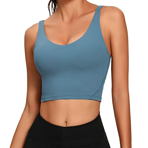 Lemedy Damen Sport-Bustier, langes, bauchfreies Tank-Top, gepolstert, Workout, Laufen, Yoga - Blau , 8 von Lemedy