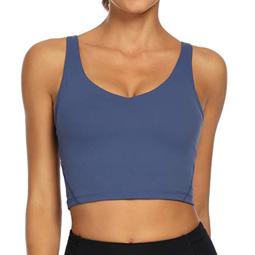 Lemedy Damen Sport-Bustier, langes, bauchfreies Tank-Top, gepolstert, Workout, Laufen, Yoga - Blau - Large von Lemedy