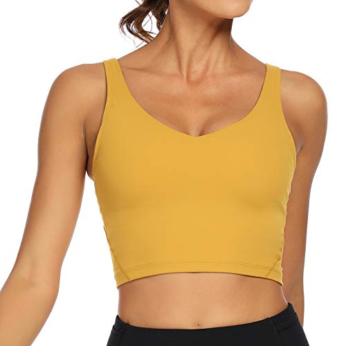 Lemedy Damen Sport-Bustier, langes, bauchfreies Tank-Top, gepolstert, Workout, Laufen, Yoga - Gelb - Medium von Lemedy