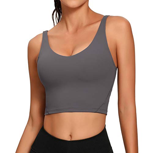 Lemedy Damen Sport-Bustier, langes, bauchfreies Tank-Top, gepolstert, Workout, Laufen, Yoga - Grau - Gr, 8 von Lemedy